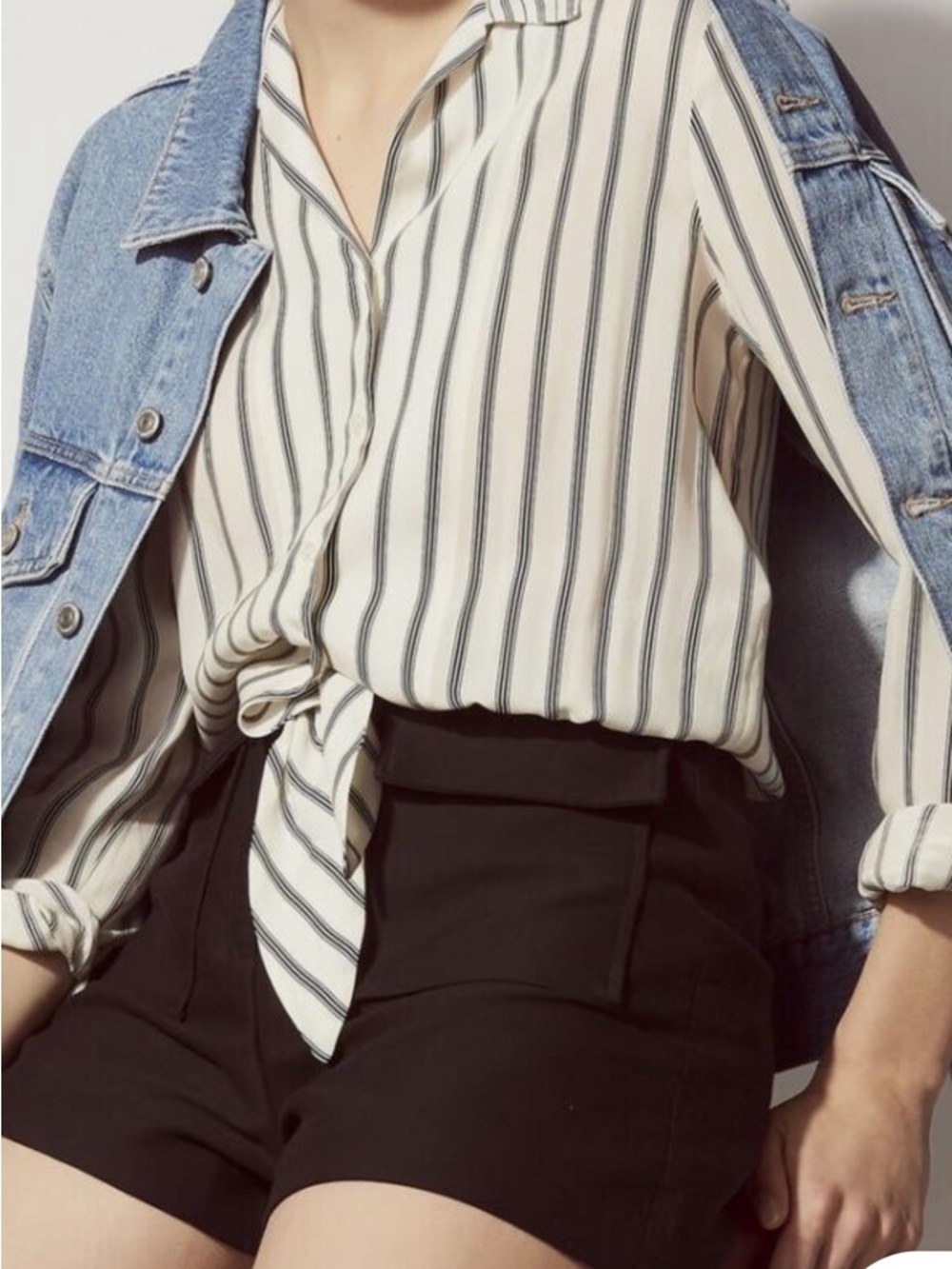 Sandro Cream and Black Vertical-Stripe Tie-Front Romper.